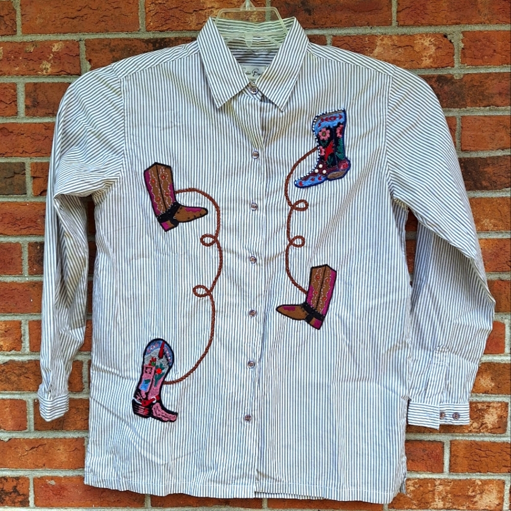 Western Shirt Embroidered Boots & Rope Tan Striped Women's Med Bobbie Brooks 👢